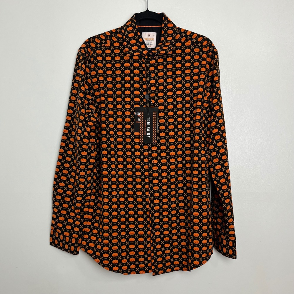 NWT Tom Baine Halloween Collection Black‎ Pumpkin Print Slim Fit Shirt - L
